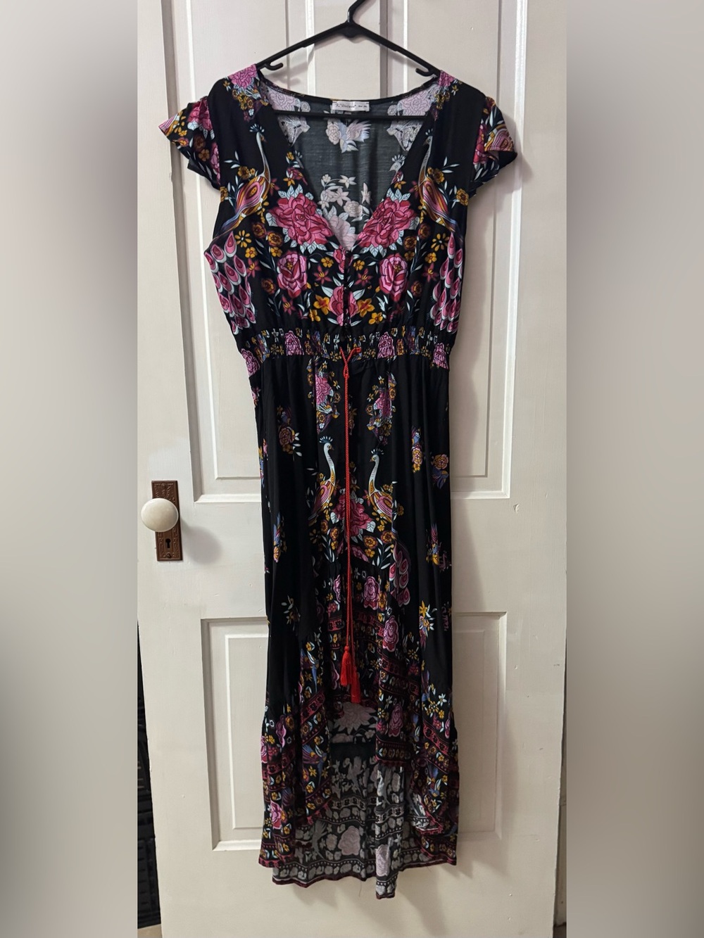 Black Floral V-Neck Maxi Dress with Pink Accents